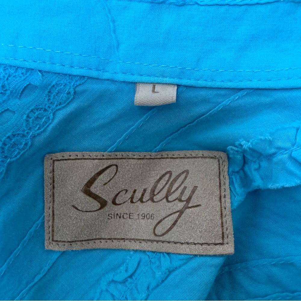 Scully Western Blouse Size L Blue Turquoise Lace Stripe Ruffled Long Sleeve - Picture 11 of 13